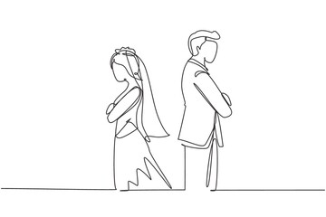 Wall Mural - Single continuous line drawing divorced married couple are angry. Relationship break up, broken heart, couple facing opposite direction with wedding dress. One line draw design vector illustration