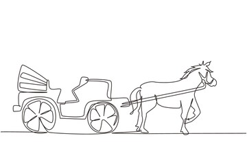 Single one line drawing vintage transportation, horse pulling carriage. Old carriage with a horse, a horse pulls a carriage behind him. Modern continuous line draw design graphic vector illustration