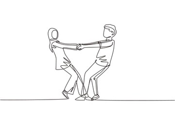 Poster - Single one line drawing happy Arab man and woman dancing on the floor at park. Romantic young wedding couple holding hands and spinning around. Continuous line draw design graphic vector illustration