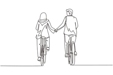 Continuous one line drawing happy Arabian couple ride bicycles in meadow back to camera and holding hands. Man and woman in love. Happy romantic married couple. Single line draw design vector graphic