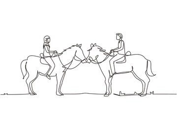 Wall Mural - Single one line drawing romantic Arab couple in love riding horse. Young man and woman meet for dating with ride horse. Engagement and love relation. Modern continuous line draw design graphic vector