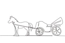 Single Continuous Line Drawing Vintage Transportation, Horse Pulling Carriage.