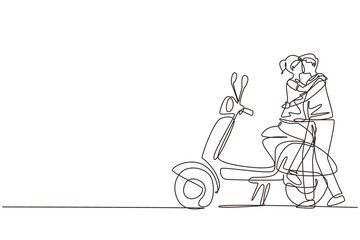 Poster - single continuous line drawing scooter, travel, couple, adventure, ride concept. family couple trave