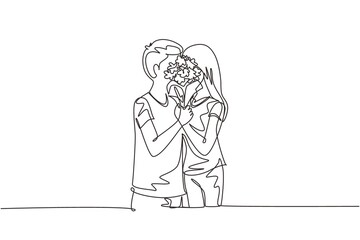 Poster - Single one line drawing young couple hugging and kissing behind bouquet of flowers. Happy man and woman celebrating wedding anniversary. Modern continuous line draw design graphic vector illustration