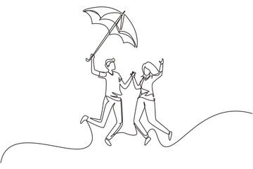 Continuous one line drawing couple in love walking under rain with umbrella. Man and woman walking along city street and jumping. Married couple romantic relationship. Single line draw design vector