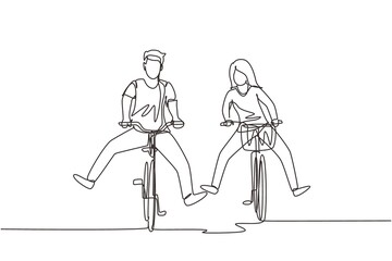 Continuous one line drawing happy funny young couple riding on bicycle. Romantic teenage couple ride bike. Young man and woman in love. Happy married couple. Single line draw design vector graphic