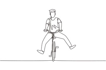 Poster - Single continuous line drawing happy young man in casual clothes riding bicycle. Healthy and sport lifestyle. Ecological vehicle of transportation. One line draw graphic design vector illustration