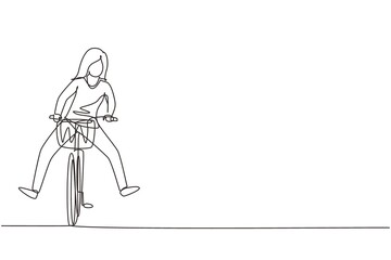 Poster - single one line drawing happy young woman in casual clothes riding bicycle. healthy and sport lifest
