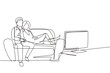 Continuous one line drawing couple watching TV together sitting on sofa. Happy man and woman relaxing in living room. Romantic couple having fun together. Single line draw design vector illustration