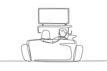 Poster - Single one line drawing family sitting on sofa and watch tv in living room at evening. Lounge room interior with rear view of couple on couch. Continuous line draw design graphic vector illustration