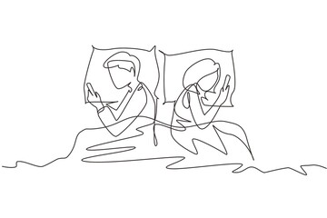 Wall Mural - Single continuous line drawing marriage couple lying back to back, using smartphone, social network, smartphone addiction, couple relationship problem with technology. One line graphic design vector