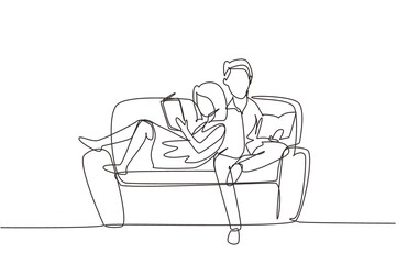 Wall Mural - Single continuous line drawing evening rest of couple scene with man and woman on sofa. Relaxing man and woman reading book in lounge room. Dynamic one line draw graphic design vector illustration