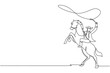 Single one line drawing cowboy with lasso on rearing horse. Cowboy with rope lasso on horse. American cowboy riding horse and throwing lasso. Continuous line draw design graphic vector illustration