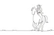 Single continuous line drawing cowboy silhouette riding horse at sunset. Wild west hero,  Mustang and person outdoor, cowboy and horse icon or logo. One line draw graphic design vector illustration