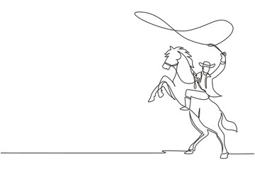 Poster - Single one line drawing cowboy with lasso on rearing horse. Cowboy with rope lasso on horse. American cowboy riding horse and throwing lasso. Continuous line draw design graphic vector illustration