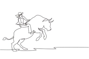 Wall Mural - Continuous one line drawing strong and brave cowboy in hat participates in rodeo riding wild bull. Cowboy riding wild bull. Exciting rodeo show. Single line draw design vector graphic illustration