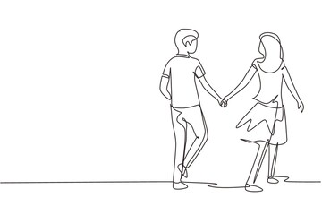 Poster - Single one line drawing romantic young couple in love hand in hand. Couple in love spending time together at park. Happy family concept. Modern continuous line draw design graphic vector illustration