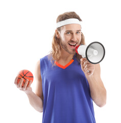 Wall Mural - Male cheerleader with ball and megaphone on white background