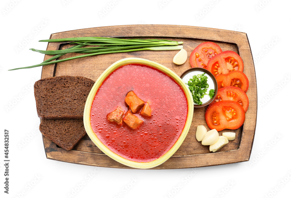 Composition with tasty borscht on white background