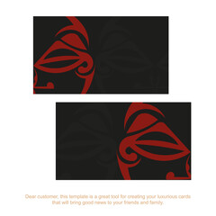 Template for print design business cards in black color with mask of the gods patterns. Preparing a business card with a place for your text and a face in a polizenian style ornamentation.