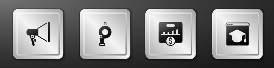 Poster - Set Megaphone, Whistle, Key performance indicator and Online education icon. Silver square button. Vector