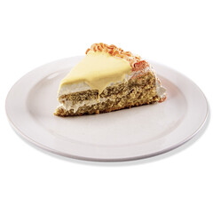 Poster - Closeup of a shot of a piece of sliced cake on a round plate isolated on a white background