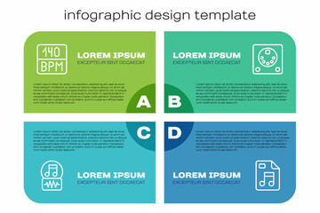 Set line Music note, tone, Bitrate, MP3 file document and Drum machine. Business infographic template. Vector