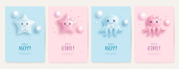  Set of baby shower invitation with cartoon octopus and helium balloons on blue and pink background. It's a boy. It's a girl. Vector illustration