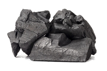 Natural wood charcoal, traditional charcoal or non smoke and odorless charcoal hard wood charcoal isolated on white background.