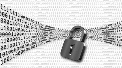 Poster - Digital data stream flows through closed padlock - movement series of random varying binary code digits on white background - internet security and data protection concept