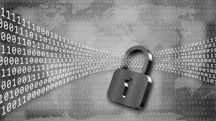 Poster - Digital data stream flows through closed padlock - movement series of random varying binary code digits on blurred world map background - internet security and data protection concept
