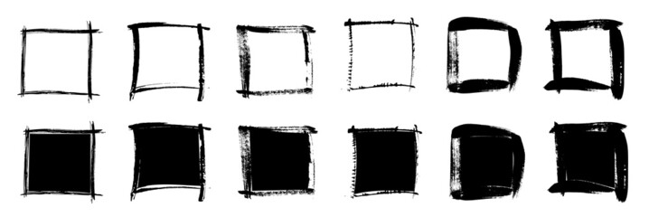 Poster - square brush stroke frame set, abstract grunge black ink texture pattern, grungy design