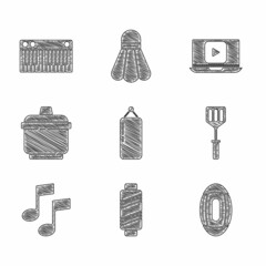 Sticker - Set Punching bag, Sewing thread on spool, American Football ball, Spatula, Music note, tone, Cooking pot, Online play video and synthesizer icon. Vector