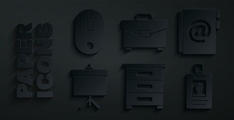 Sticker - Set Drawer with documents, Address book, Chalkboard diagram, Identification badge, Briefcase and Computer mouse icon. Vector