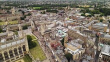 Backward Aerial Drone Footage Of Cambridge City Center, University Of Cambridge