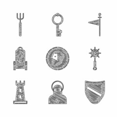 Wall Mural - Set Ancient coin, Monk, Shield, Medieval chained mace ball, Castle tower, throne, flag and Garden pitchfork icon. Vector