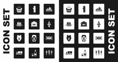 Sticker - Set Military tank, Tin can with caviar, Medovik, Sauna bucket, Rocket ship, Birch tree, Russian ruble banknote and Bear head icon. Vector