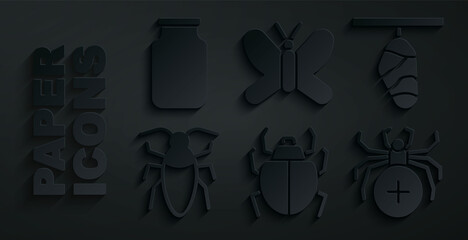 Sticker - Set Mite, Butterfly cocoon, Cockroach, Spider, and Glass jar icon. Vector