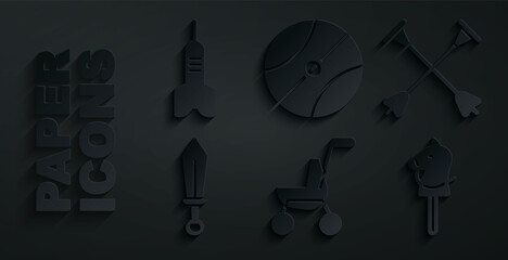 Wall Mural - Set Baby stroller, Arrow with sucker tip, Sword toy, Toy horse, Basketball ball and Dart arrow icon. Vector