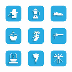 Sticker - Set Roman army helmet, Slice of pizza, Vitruvian Man, Pasta spaghetti, Fountain, Bottle olive oil, Men shoes and Pinocchio icon. Vector