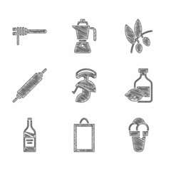 Sticker - Set Roman army helmet, Picture, Ice cream, Limoncello bottle, Bottle of wine, Rolling pin, Olives branch and Pasta spaghetti icon. Vector