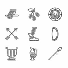 Sticker - Set Hermes sandal, Ancient amphorae, Medieval spear, bow, lyre, Crossed arrows, Greek coin and chariot icon. Vector