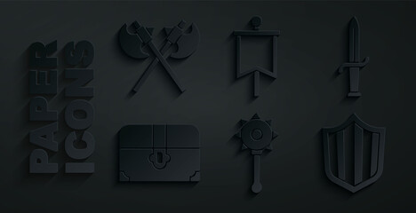 Wall Mural - Set Medieval chained mace ball, Dagger, Antique treasure chest, Shield, flag and Crossed medieval axes icon. Vector