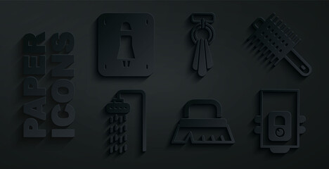 Sticker - Set Brush for cleaning, Hairbrush, Shower, Gas boiler, Towel on hanger and Female toilet icon. Vector