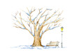 Winter oak,lantern and bench.Deciduous tree.Watercolor hand drawn illustration.White background.	
