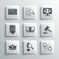 Sticker - Set Footsteps, Handcuffs, Judge gavel, Bribe money cash, Police cap with cockade, Oath the Holy Bible, Certificate template and Scales of justice icon. Vector