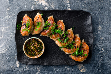 Canvas Print - Traditional japaneese gyoza with meat, dumplings snack. Fried dumplings Gyoza in plate