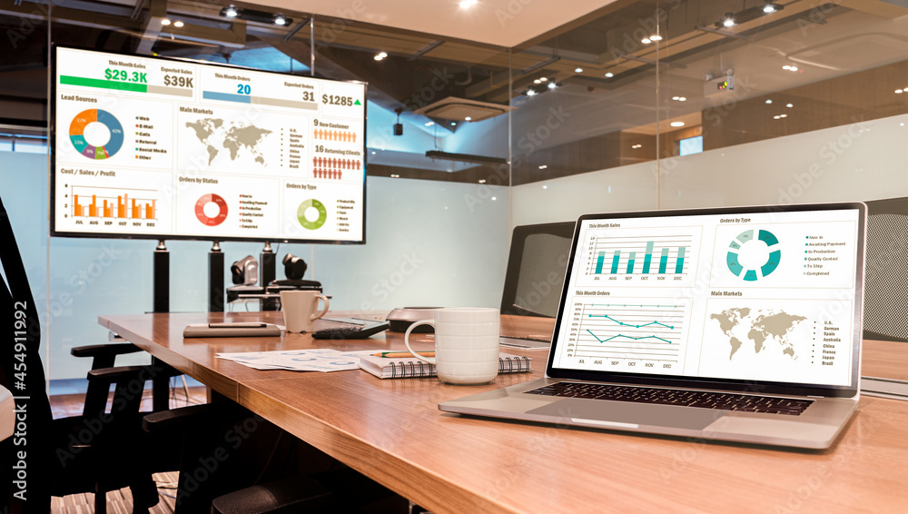 Mock up sales summary slide show presentation on display laptop and ...