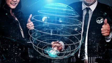 Poster - conceptual business handshake with dashboard for financial data analysis . 3d render computer graphi