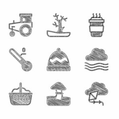 Sticker - Set Winter hat, Mushroom, Kite, Windy weather, Basket, Meteorology thermometer, Coffee cup to go and Tractor icon. Vector